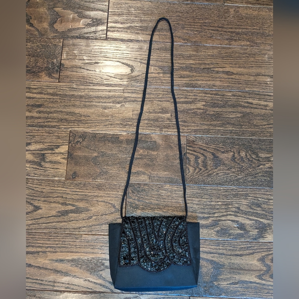 Vintage Evening Bag Mini Crossbody Sequin Black Satin